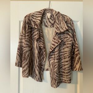 Chico’s unlined brown & cream animal print jacket with lace  size 2 (large)